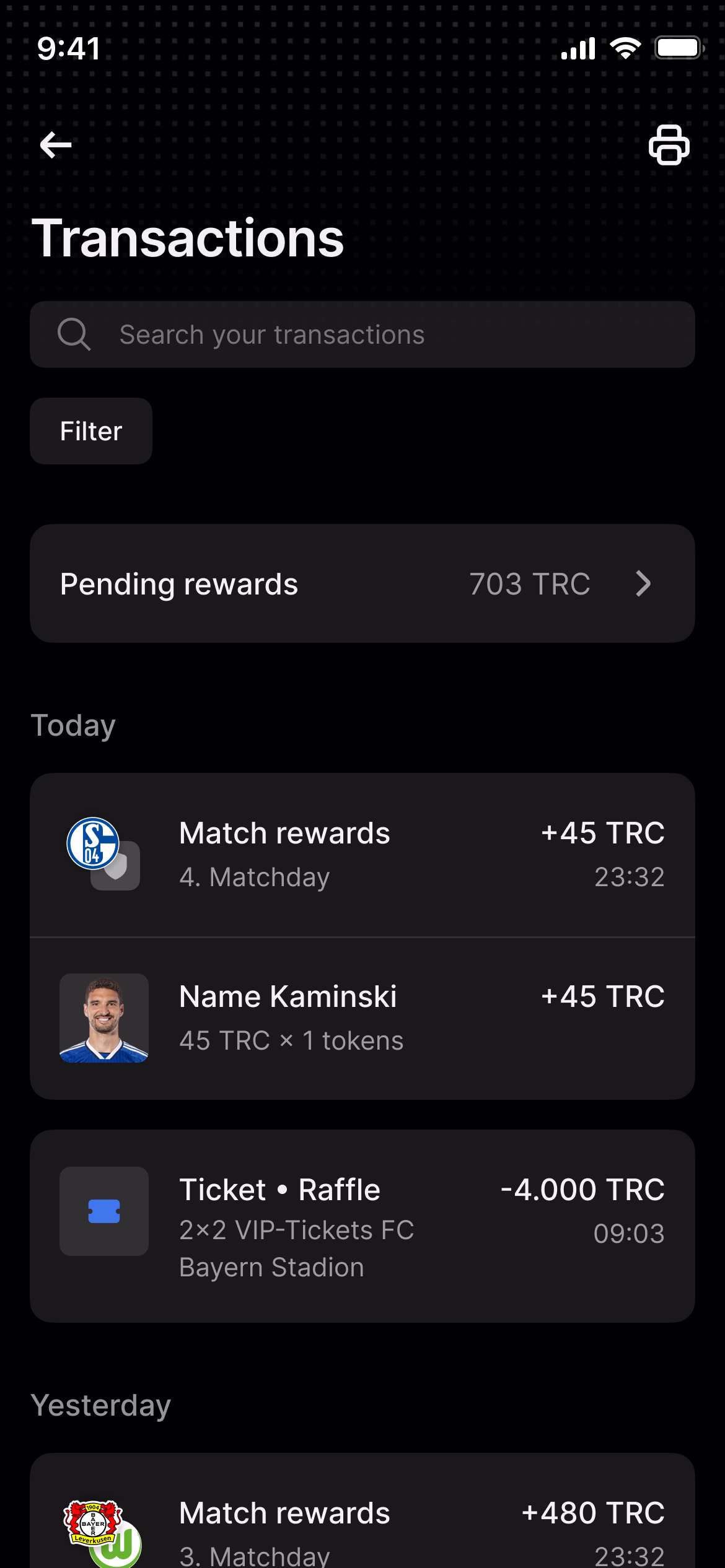 Tradar TRC Transactions Screen